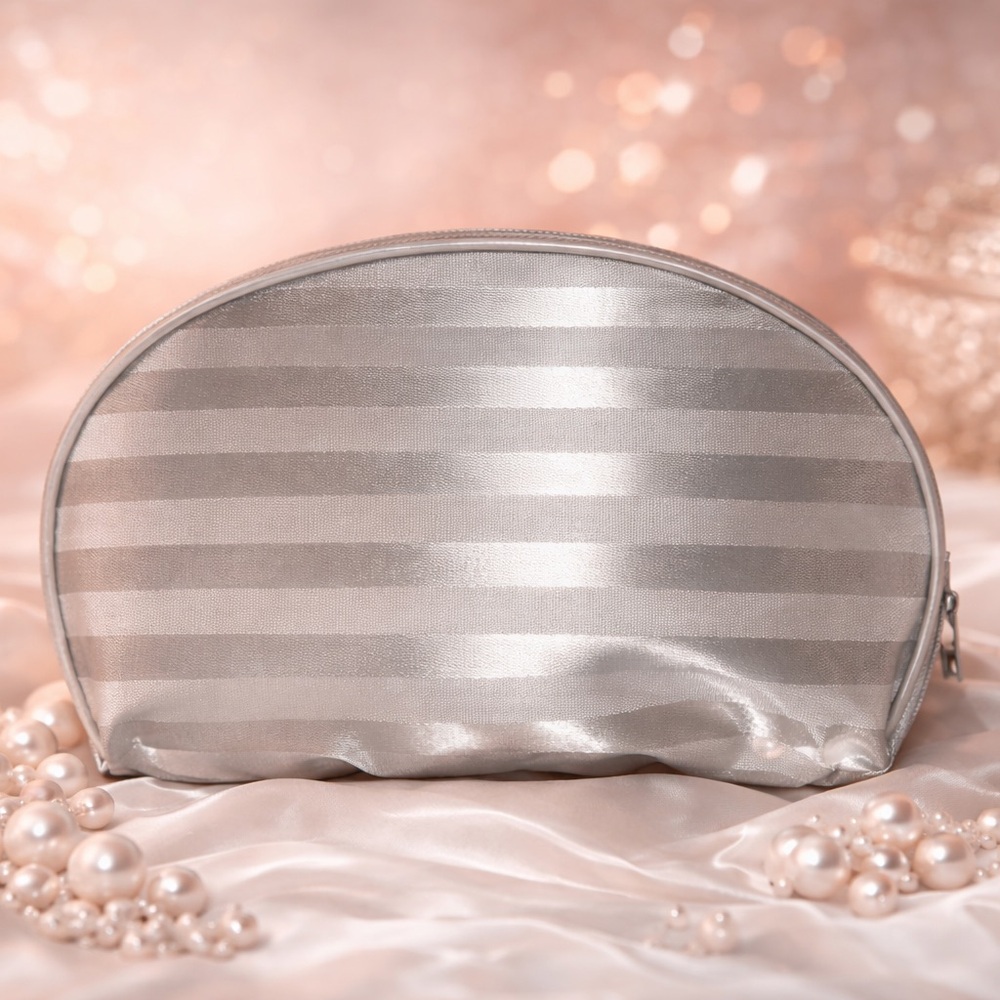 Silver Damask Fabric Cosmetic Bag - Satin Feel - Zipper Closure
